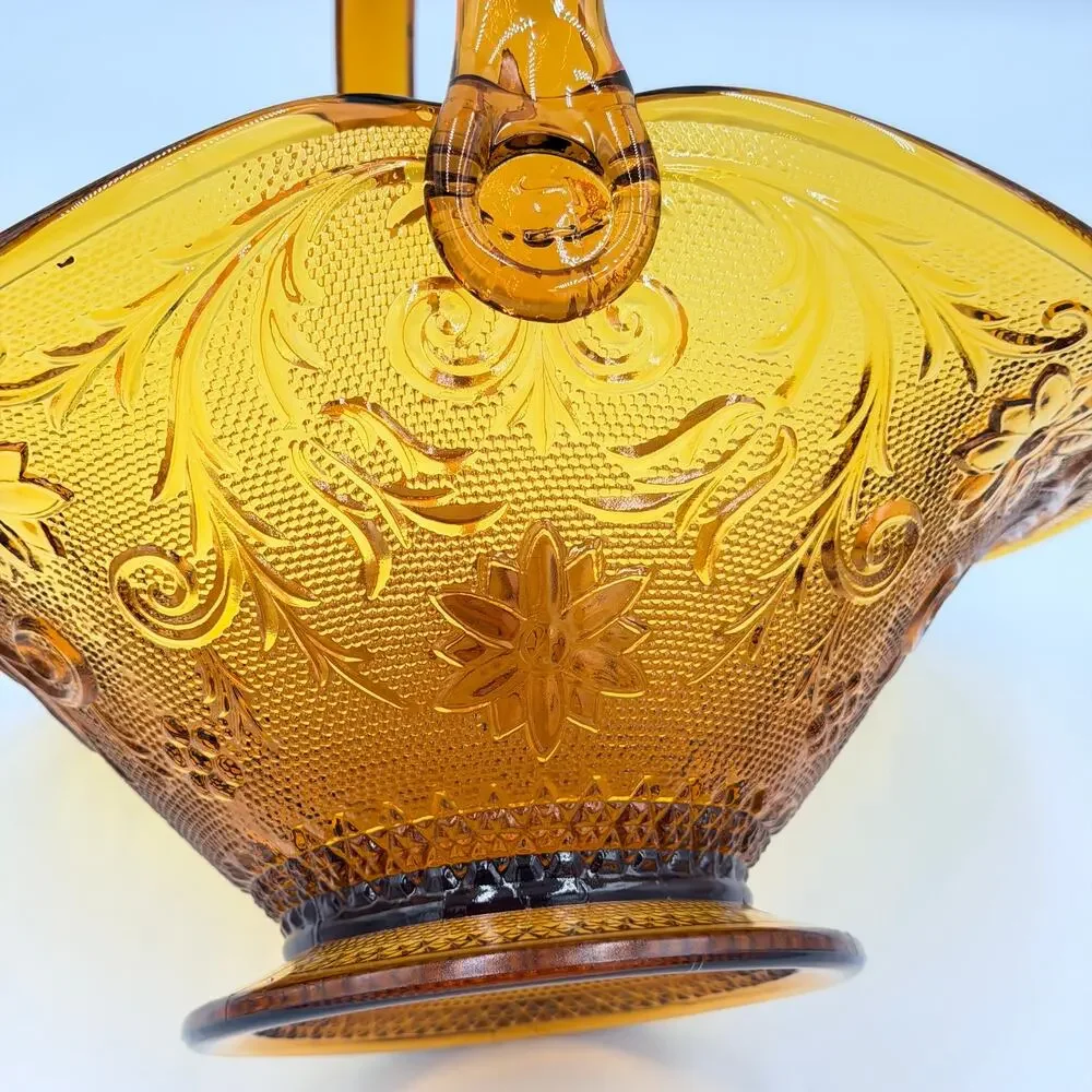 Brockway Indiana Glass Large Tiara Amber Sandwich Handled Basket Signed J.T.